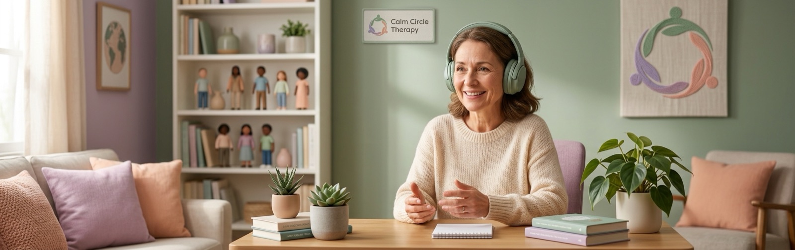 A therapist in a warm, comfortable consulting room